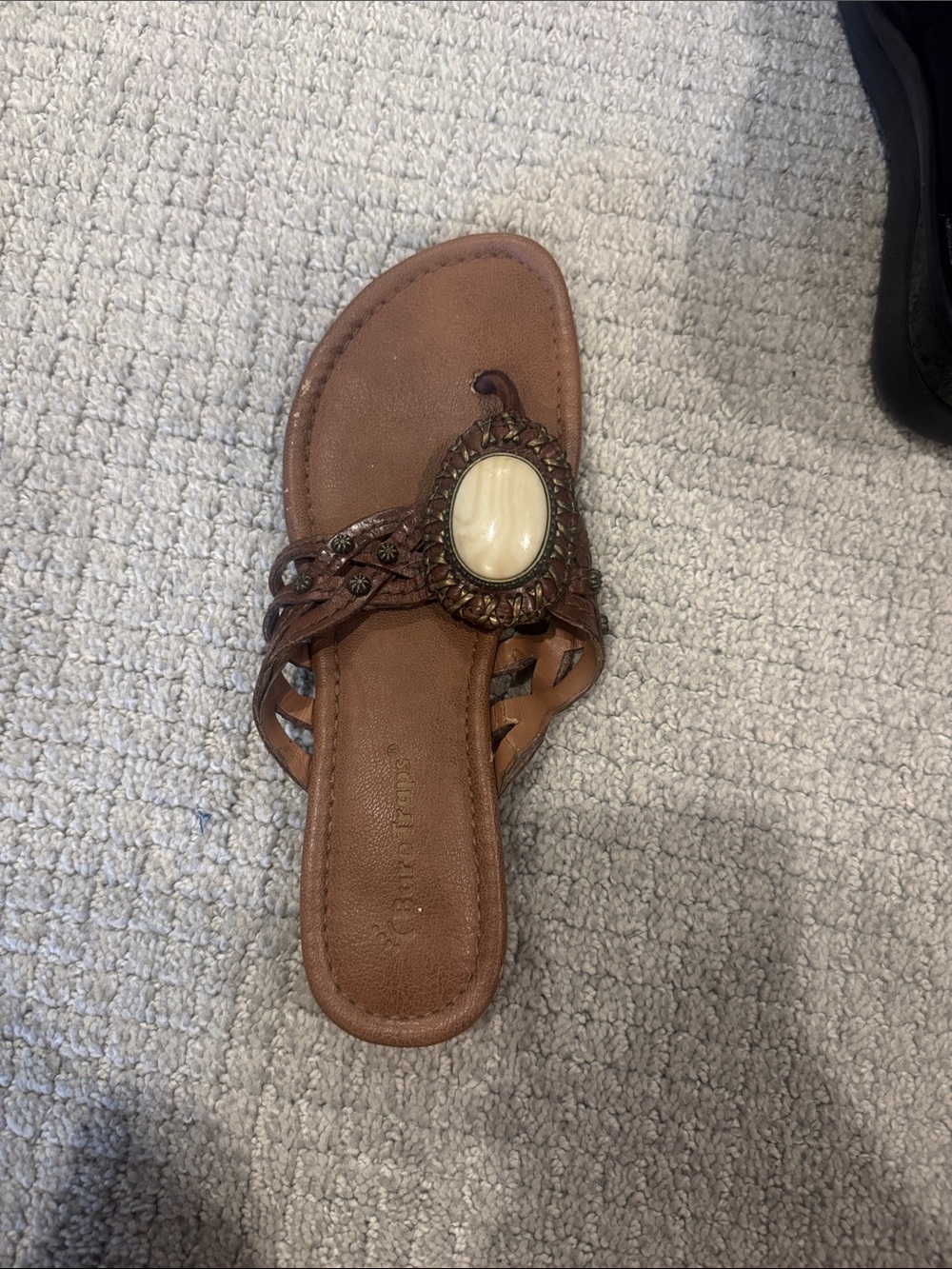 BareTraps Brown Braided Slide Sandals with Ivory Oval Accent